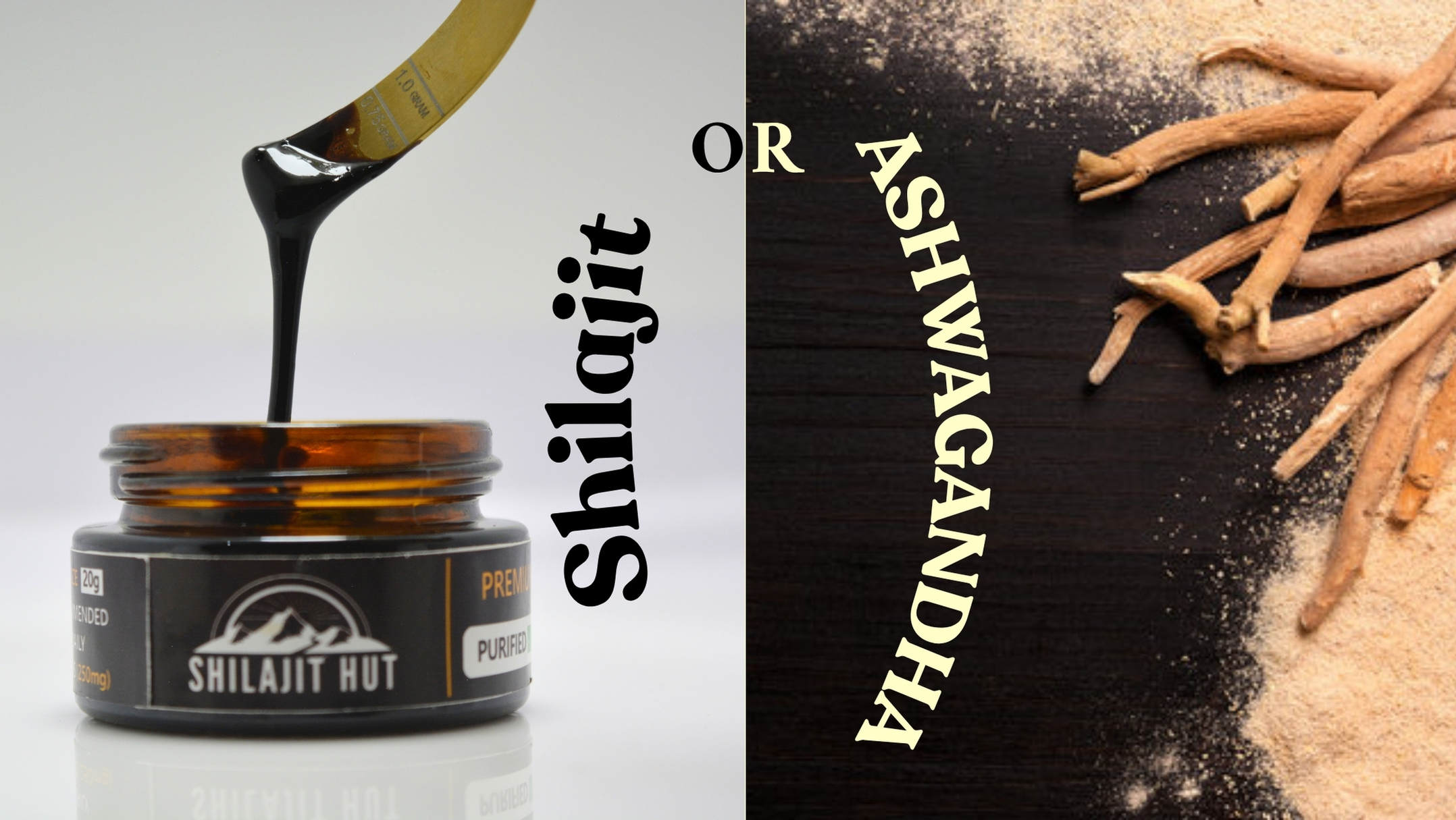 A picture comparing shilajit and ashwagandha, the two powerful natural supplements